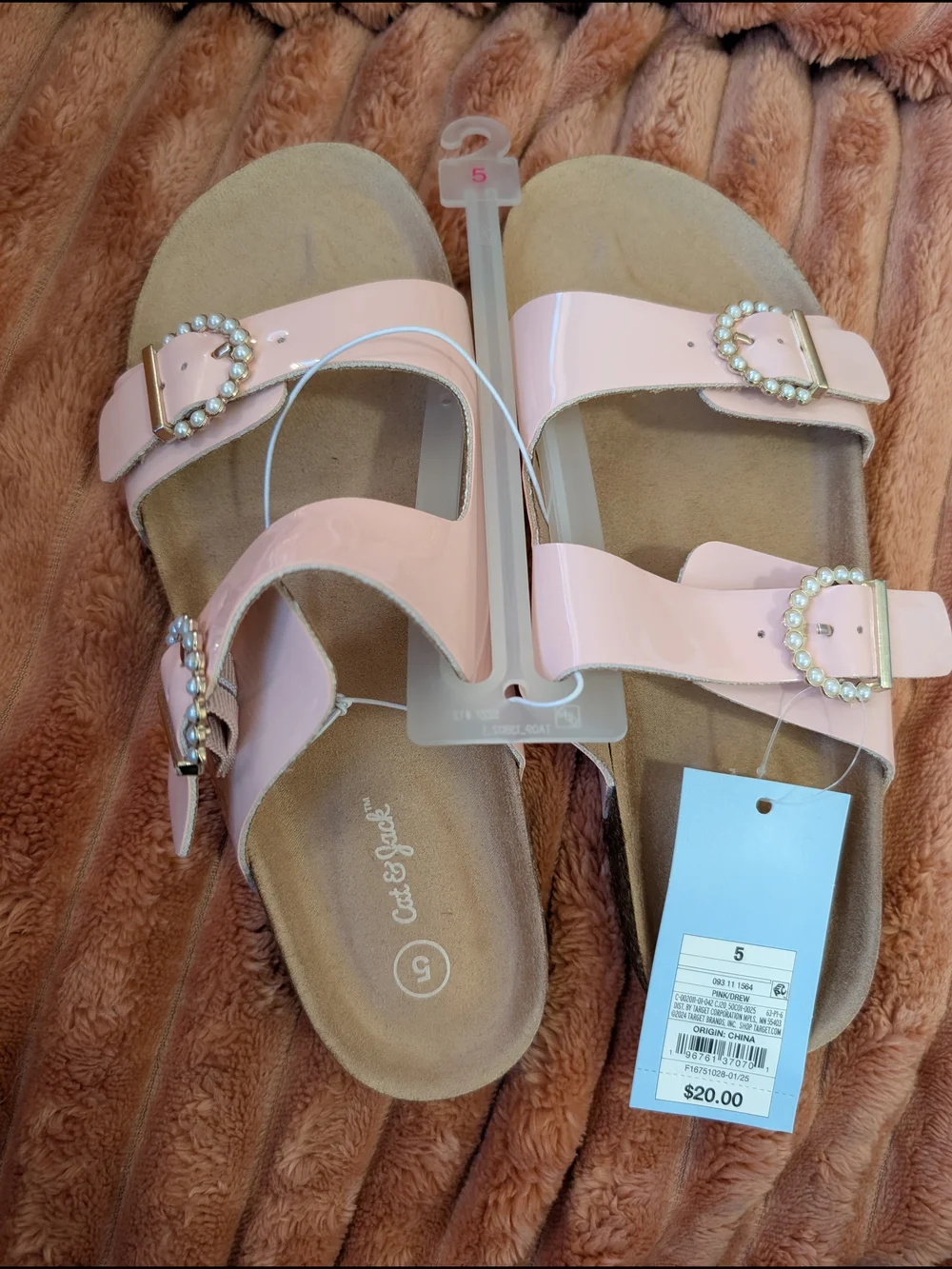 Girl Size 5 Summer Pink Pearl-Trim Double Buckle Slide Sandals